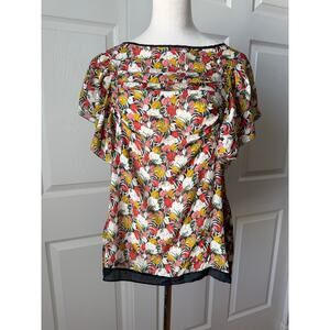 Lil Floral 100% Silk Blouse Womens Sz 6 Flutter Sleeve Draped Top Y2K Whimsy